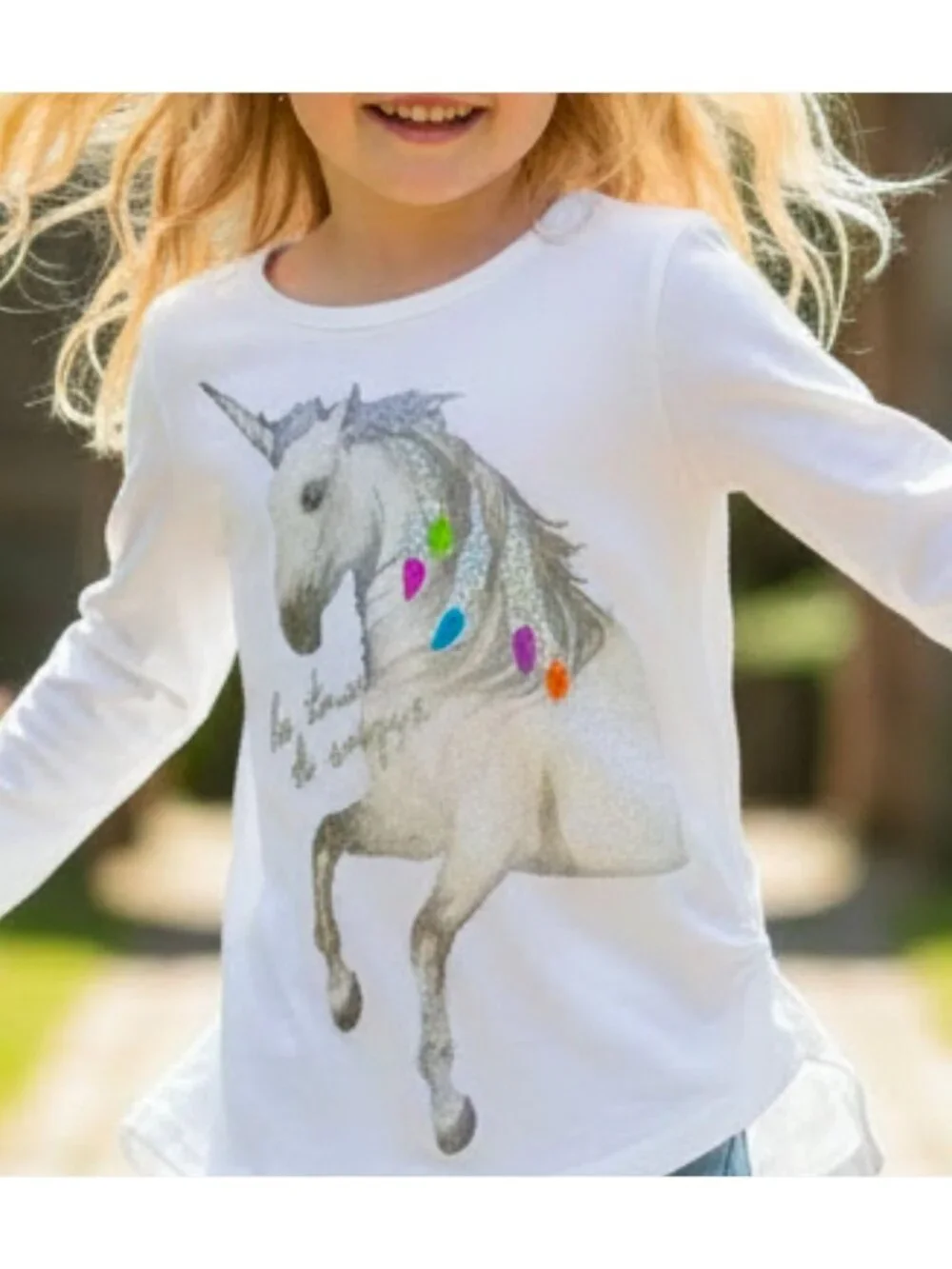 Girls XL Hanes Long-Sleeve White T-Shirt With Unicorn Graphic & Glitter Accents